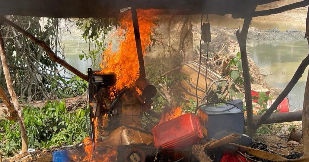 Small-scale miners burn galamsey equipment on River Mankraso in Ahafo Ano South